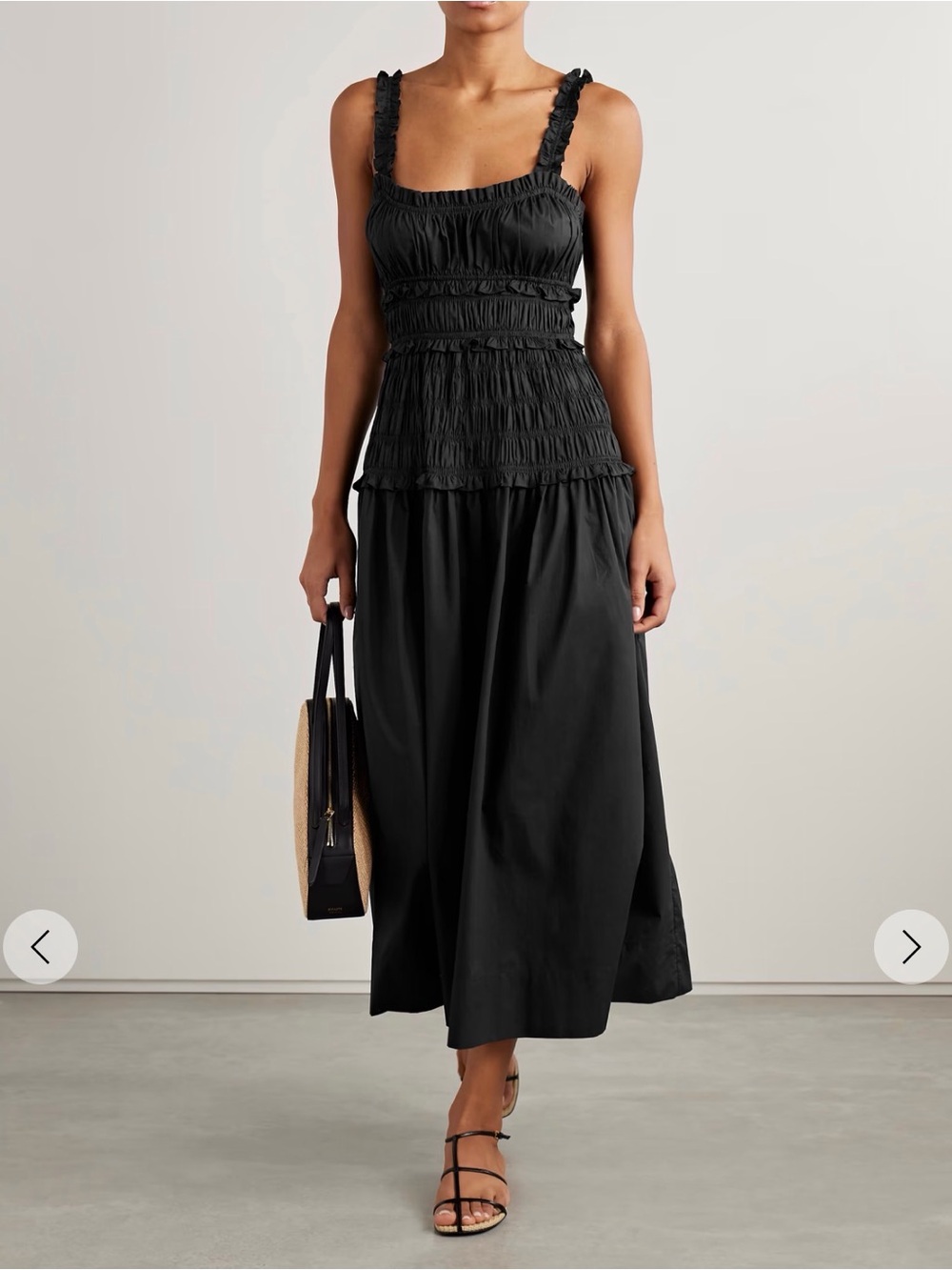 DÔEN Marianne Shirred Organic Cotton-Poplin Midi Dress — Black (Gently Worn)
